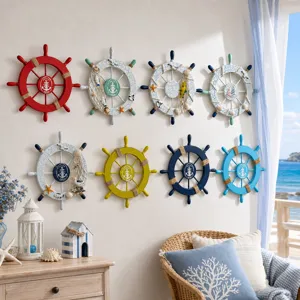Nautical wooden ship wheel wall decor 28cm mediterranean hanging ornament for home room