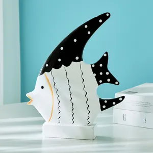 Figura de pez de madera mediterránea decoración de mesa lunares negro blanco pintado