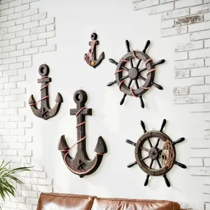 Mediterranean style vintage wooden anchor and steering wheel wall decor set for home