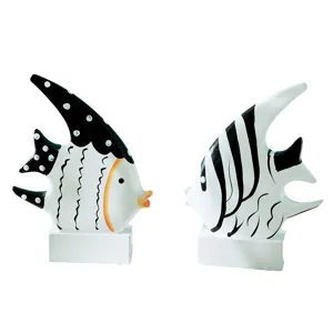 Figuras de pescado de madera de estilo mediterráneo, decoración de mesa pintada a mano.