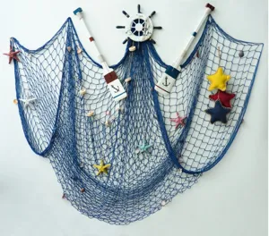 Mediterranean wooden paddle wall hanging set with fishing net and nautical decor for home.