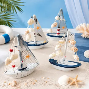 Mediterranes Mini Segelboot Modell Holz Nautische Figur Leuchtturm Muschel Handwerk Heim Tisch Desktop Dekor Ornament