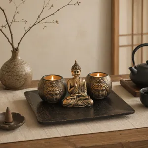 Retro Buddha candle holder set with wooden tray, zen table decor ornament for home meditation.