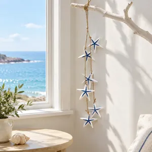 Mediterranean Style Wooden Starfish Hanging Wall Decor Blue and White Coastal Ornament