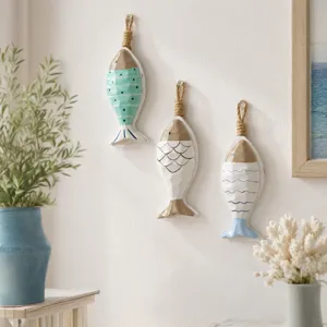 Mediterranean style wooden fish wall hanging decor set of three coastal room ornaments