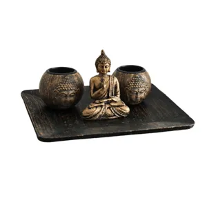Retro Chinese style Buddha candle holder set with tray, vintage desktop home decoration.