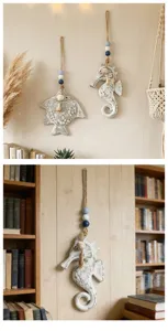 Mediterranean wooden wall hanging decor, vintage fish and seahorse pendant for home.