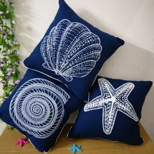 Mediterraner Stil Quadratisch Zierkissen Blau Baumwolle Segeltuch Kissen Mit Muschel Schnecke Seestern Muster Für Wohnzimmer Sofa Dekor