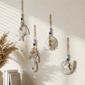 Mediterranean Style Wooden Wall Hanging Decor Vintage Nautical Seahorse Fish Conch Shell Ornament Home Living Room Wall Art