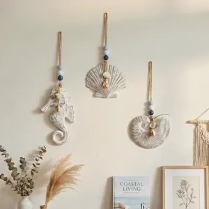 Mediterranean wooden wall hanging decor coastal seahorse seashell ornaments for room home.