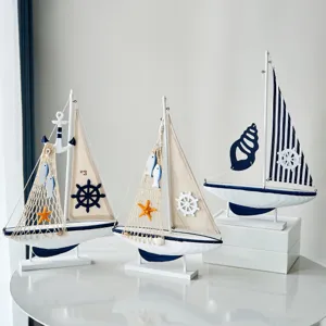 Set de decoración de velero de madera náutica, adorno de barco de lona vintage para escritorio.