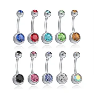 Stainless steel colorful crystal belly button ring detail view showing multiple variants.