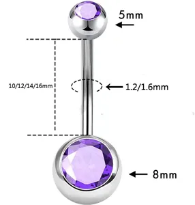 Stainless steel belly button ring with purple cubic zirconia stones, body piercing jewelry.