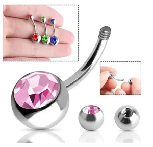 Stainless steel belly button ring with sparkling cubic zirconia pink navel piercing jewelry