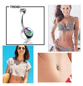 Stainless steel belly button ring with colorful crystal double cubic zirconia piercing jewelry
