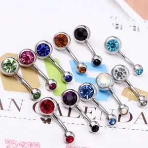 Colorful stainless steel navel rings with sparkling cubic zirconia belly button piercing jewelry.