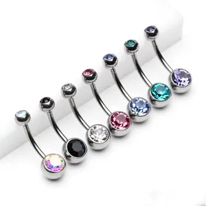 Stainless steel belly button ring with colorful crystal double-head zircon body piercing.