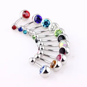 Stainless steel belly button ring with colorful crystal stones, stylish body piercing jewelry for women.