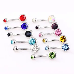 Detailed view of colorful stainless steel double zircon navel piercing rings set.