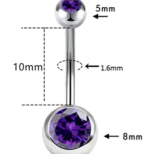 Stainless steel belly button ring with purple zirconia double round crystal piercing