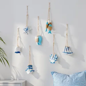 Mediterranean wooden fish starfish seashell anchor hanging wall decor set for home interior style.