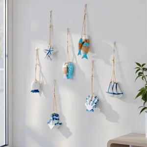 Mediterranean style wooden hanging decor set with fish starfish anchor seashell for home wall.