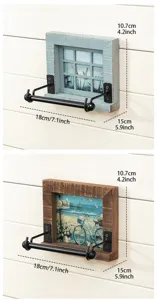 European retro wooden toilet paper holder wall mounted vintage tissue rack with beach print