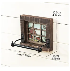 Rustic wooden toilet paper holder with cast iron wall mount and scenic window design details.