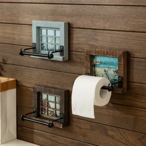 Retro Cast Iron Wood Toilet Paper Holder Wall Mounted Tissue Roll Dispenser