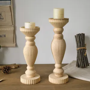 Vintage wooden pillar candlestick holders set rustic DIY blank candle stands for home decor