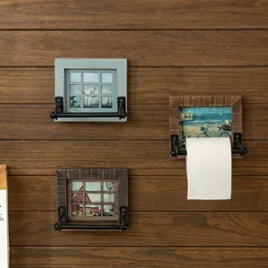 Vintage wooden picture frame toilet paper holder with cast iron bar wall mounted rustic style