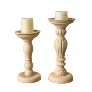 Vintage stone pillar candle holders set for home decor, rustic DIY blank tabletop display.