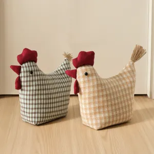 Cute fabric chicken door stopper with plaid pattern, fine sand filling for home decor.