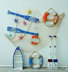 Mediterranean wooden oar and lifebuoy wall decor set, nautical hanging hook for home style.