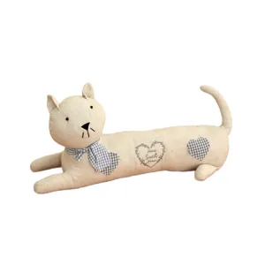 Cute fabric cat door stopper draft blocker for home bedroom decoration, beige linen style.