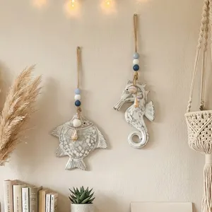 Mediterranean style wooden fish and seahorse wall hanging decor for home living room