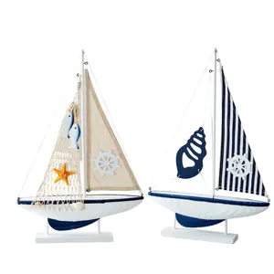 Adorno de velero de madera de estilo mediterráneo decoración de escritorio vintage hogar.