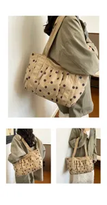 Borsa shopper in tela a pois vintage coreana, borsa a tracolla casual con comode tasche.