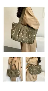 Borsa shopper retro a pois verdi, grande borsa a spalla casual in velluto a coste.