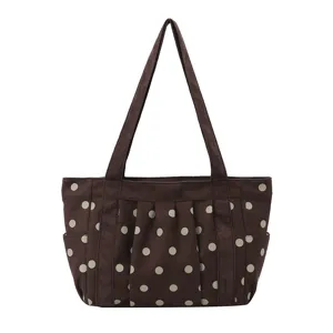 Borsa tote vintage marrone a pois in stile coreano, borsa a tracolla casual per studenti.