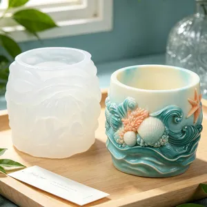 Ocean wave silicone mold for resin casting, seashell desktop pen holder and plant pot craft.