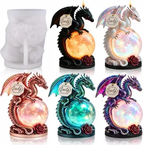Chinese dragon silicone mold and finished candle resin ornament set with glowing ball decor.