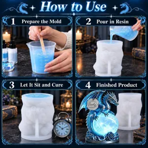 Step-by-step tutorial image showing how to use the Chinese dragon silicone resin mold for DIY crafts.
