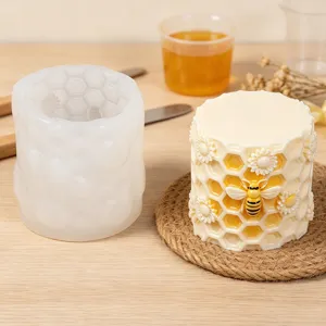 Zylindrische Bienenwabe Kerze Silikonform mit Biene und Sonnenblume, DIY Seifenform Werkzeug.