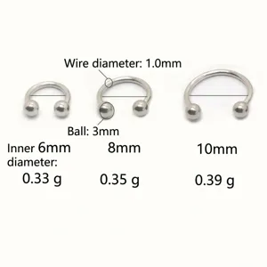 Tableau des tailles de piercing fer à cheval en acier inoxydable 1mm fil 3mm boule 6-10mm.