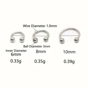 Maattabel voor hoefijzerringen van roestvrij staal met diameters van 6mm, 8mm en 10mm.