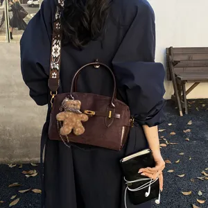 Modische braune Veloursleder Boston Umhängetasche für Damen, schicke Herbst Schultertasche