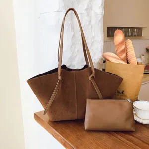 Καφέ σουέτ τσάντα shopper γυναικεία μεγάλη χωρητικότητα ώμου με τσαντάκι clutch κομψό daily