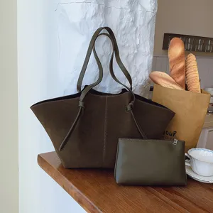 Κομψή πράσινη σουέτ τσάντα tote με θήκη, μεγάλη μοντέρνα τσάντα ώμου για γυναίκες.