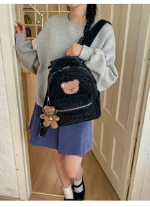 Cute Japanese style small leopard print backpack with bear pendant sweet casual school bag for women.